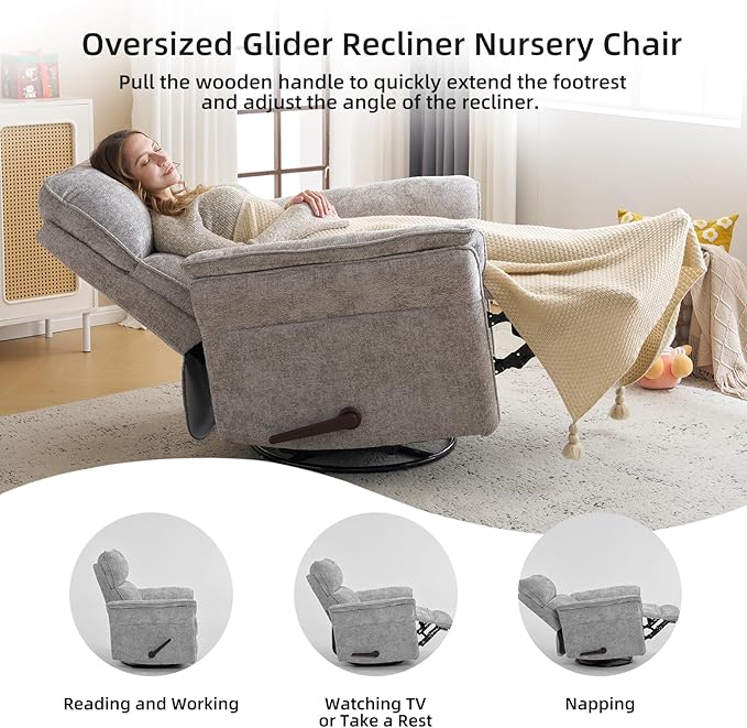 Oversized Glider Rocker Recliner, 26" Extra Wide 360° Swivel Nursery Recliner with Adjustable Headrest, Chenille Rocking Nursery Chair with Overstuffed Armrest, Lumbar Support, Light Grey