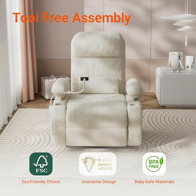 MAMAZING Oversized Electric Nursery Rocking Chair with Adjustable Armrests, Power Recliner Glider Nursing Chair for Breastfeeding, USB & Type-C Ports, Phone Holder, Oeko-TEX & FSC Certified(Beige)
