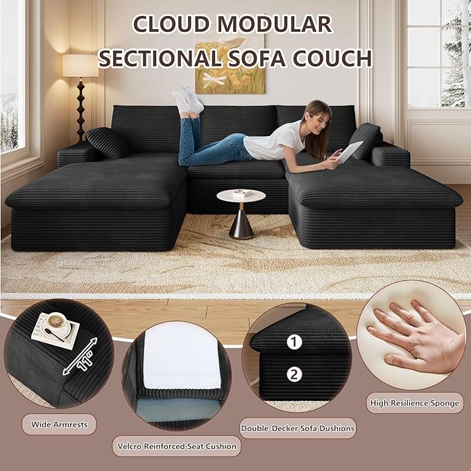 107" Cloud Modular Sectional Sofa with 1 Ottoman, Modern Upholstered Corduroy Couches, Comfort U Shaped Sofa for Living Room, Deep Seat Boneless Couch, No Assembly Required(Black,Left Facing Chaise)