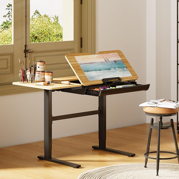 FLEXISPOT Electric Drafting Table Adjustable Height 47.2"x23.6" Standing Drawing Desk Extendable Top Craft Workstation w/Tilting Tabletop, Storage Drawer for Study, Office, Studio, Art, Adult & Kid