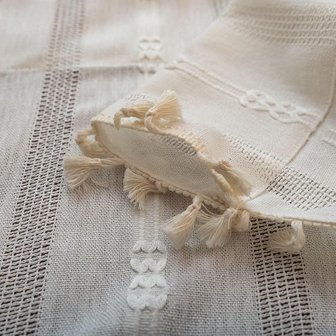 Deeprove White Boho Valance with Tassels Linen Kitchen Short Embroidered Curtain. Farmhouse French Country Rustic Small Window Treatment for Cafe Closet Laundry Dining Restaurant 1 Panel W52 x L18