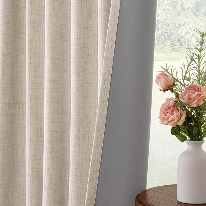 INOVADAY 100% Blackout Curtains for Bedroom, Black Out Curtains 108 Inch Long, Clip Rings Linen Blackout Drapes, Thermal Insulated Room Darkening for Living Room, 1 Panel - Cream,W102xL108