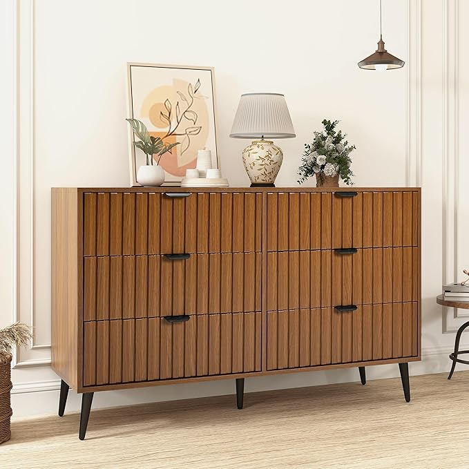 Fluted Dresser for Bedroom with 6 Drawers, 47'' Wide Modern Dresser with Metal Handle, Natural Wood Dressers Organizer with Blister Drawers for Bedroom, Brown