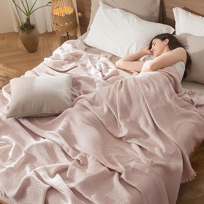MooMee Muslin Blanket - 100% Cotton 4-Layer Gauze Throw Blanket with Tassels Ultra-Soft Breathable Lightweight Cooling for Bed Couch (Greyish Pink,King 104" x 90")