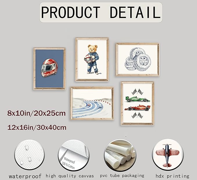 BMFLFWXE Vintage Racing Car Nursery Wall Art Teddy Bear Pictures Wall Decor Boy Navy Blue Vehicle Posters Retro Sport Painting Canvas Print Artwork for Kids Boy Room Playroom, Unframed