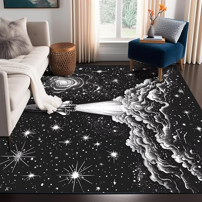 Space Rug for Kids Room Black Galaxy Rocket Rugs for Boys Bedroom Stars Carpet Planet Throw Rugs for Teens Doormat Living Room,39 in x 79 in
