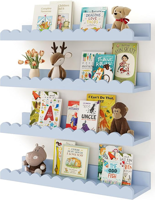 Shario Nursery Book Shelves, 4-Pack White Floating Shelves for Wall Kids, Scalloped Shelves, Wall Book Shelves for Bedroom Kids, Toddler Room, Baby Room, Nursery Decor (Blue, 16.5 Inches)