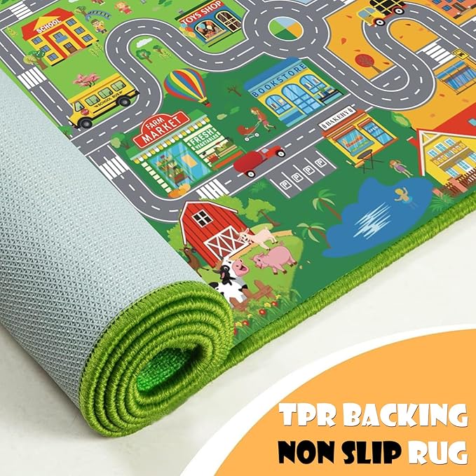 Car Rugs for Kids Toy Cars,Kids Play Rug with Non-Silp Backing, City Road Carpet for Playroom Bedroom Boys, Car Track Map Playmat - 6'7" x 4'11" (Rectangular)