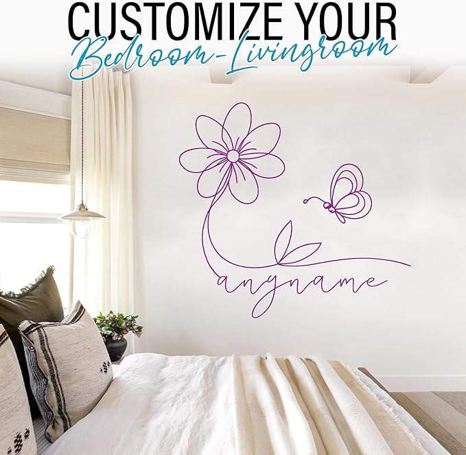 Custom Butterfly Name Wall Decal Personalized Name Butterfly with Floral Flowers Transparent DTF Vinyl Removable Nursery Wall Decals for Baby Kids Room, Teen Bedroom, Window, Cute Home Decor Gifts
