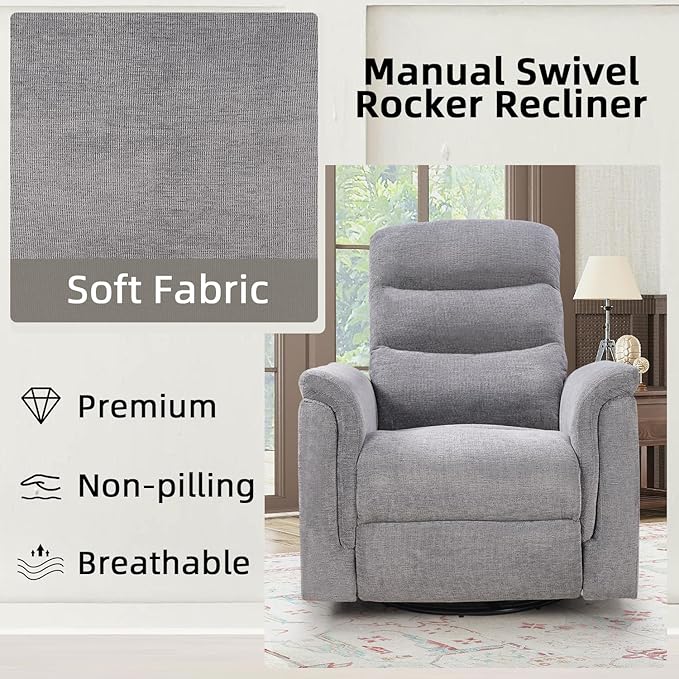 INZOY Swivel Rocker Recliner, Nursery Glider Chair, Manual Chairs Swivel Glider Recliners with Soft Backrest, Fabric Manual Reclining Sofa for Living Room Bedroom Apartment, Grey