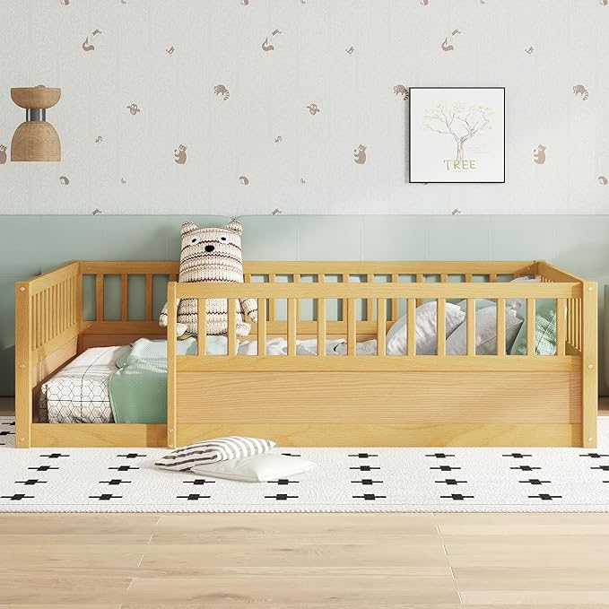 Harper & Bright Designs Full Floor Bed Frame, Wood Kids Floor Bed with High Guardrails, Montessori Floor Bed Full with Opening Door for Boys, Girls, Kids, Solid Wood Structure, Natural
