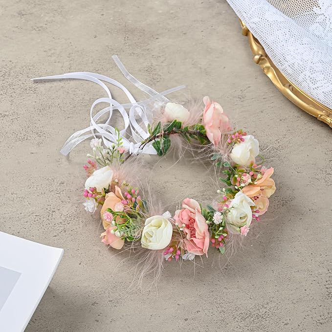 Baby Girls Flower Crown Flower Girl Headpiece boho Little Wreaths for Weddings, Family photography (Champagne White)