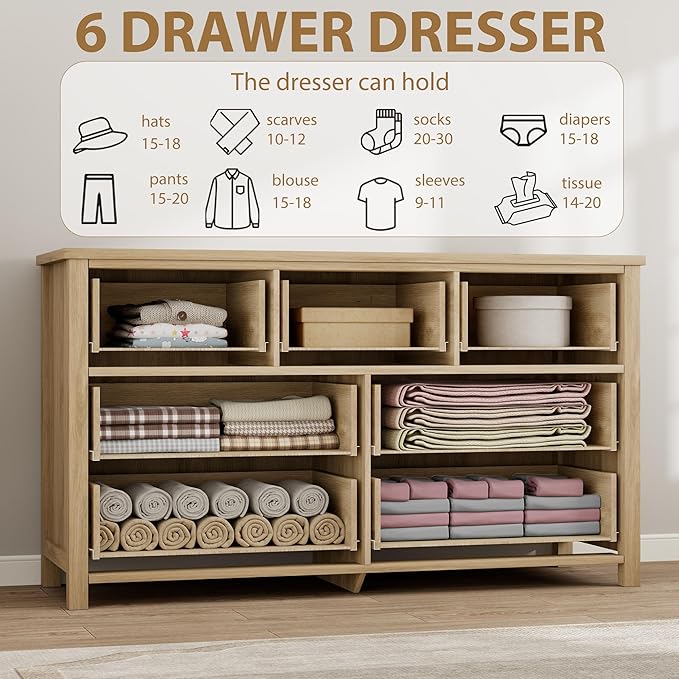 IDEALHOUSE Rattan Dresser for Bedroom with 7 Drawers, 54'' Wide Chest of Drawers with Large Clothes Storage Cabinet, Wood Bedroom Dresser, TV Stand for Nursery, Living Room, Hallway, Oak