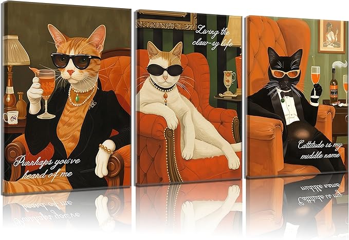 3Pcs Funny Cat Canvas Wall Art Elegant White Black Orange Cat Drinking Cocktail Painting Picture Wall Decor Luxury Feline Poster Print Bar Cart Artwork Decor for Bar Dining Room Bedroom Home Decortion