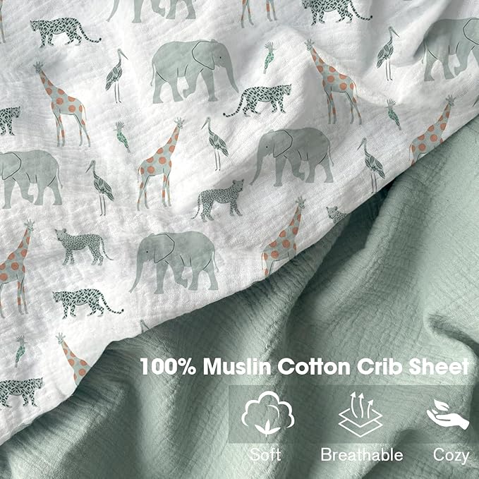 Little Grape Land Muslin Crib Sheets Fitted for Boys and Girls 2 Pack, 100% Cotton Baby Bed Sheets Soft Breathable, Neutral Fitted Baby Mattress Sheets for Standard Crib 52x28, Safari