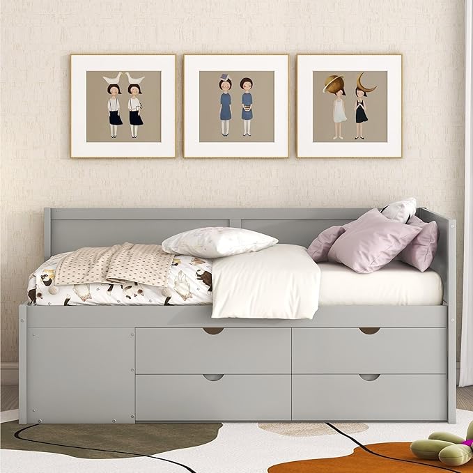 Twin Size Daybed with 4 Storage Drawers and Shelves, Wooden Twin Platform Bed Frame with L-Shaped Headboard and Slats Support, Corner Bed Twin Captain Beds for Kids Boys Girls Teens, Gray