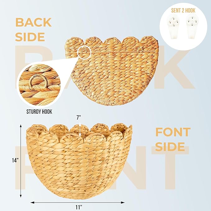 Scalloped Wicker Wall Basket 14"L x 11"W x 7"H, Handwoven Hanging Wall Organizer for Boho Home Décor, Natural Rattan Storage Basket for Living Room, Entryway, Kitchen