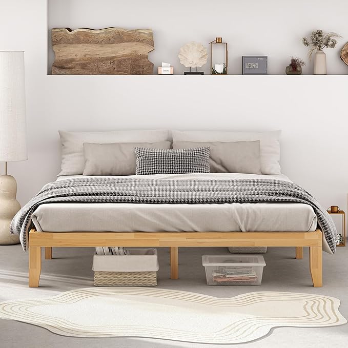 KOMFOTT 14 Inches Wood Platform Bed Frame King Size, Wooden Mattress Foundation with Rubber Wood Frame, Strong Wooden Slats Support, No Box Spring Needed, Bed Frame (Natural)