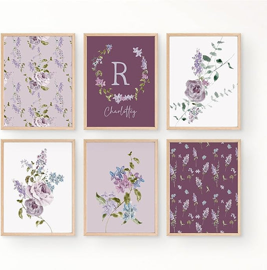Personalized Name Flower Nursery Wall Art Prints, Crib & Nursery décor, Newborn Baby Girl Gift Present, Floral Baby Girl Room Pictures, Poster For Baby And Kids (6 Prints, Flower 2)