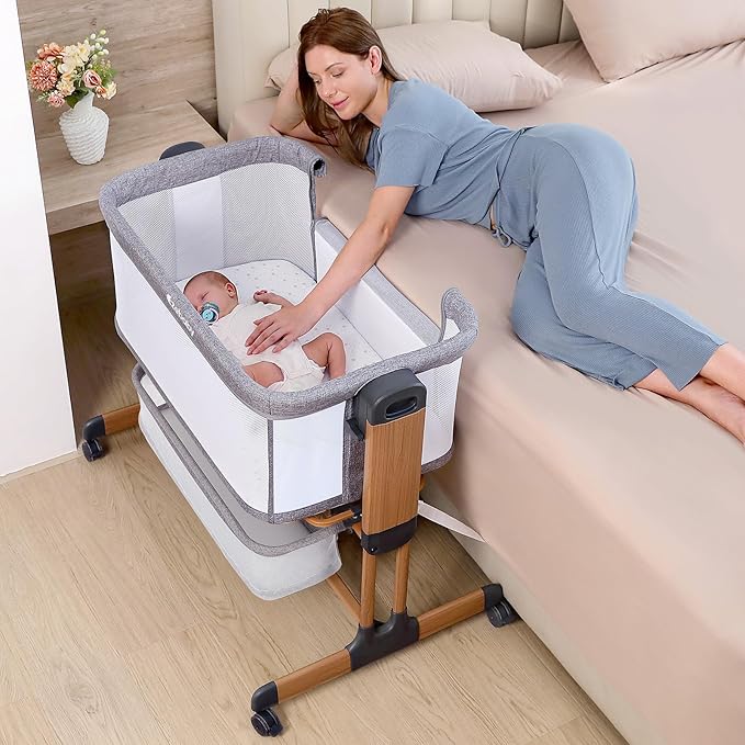 Ezebaby 3-in-1 Baby Bassinet, Rocking Baby Bassinets Bedside Sleeper, Adjustable Portable Crib for Newborn Infant with Wheels Storage Basket and Mesh Sides
