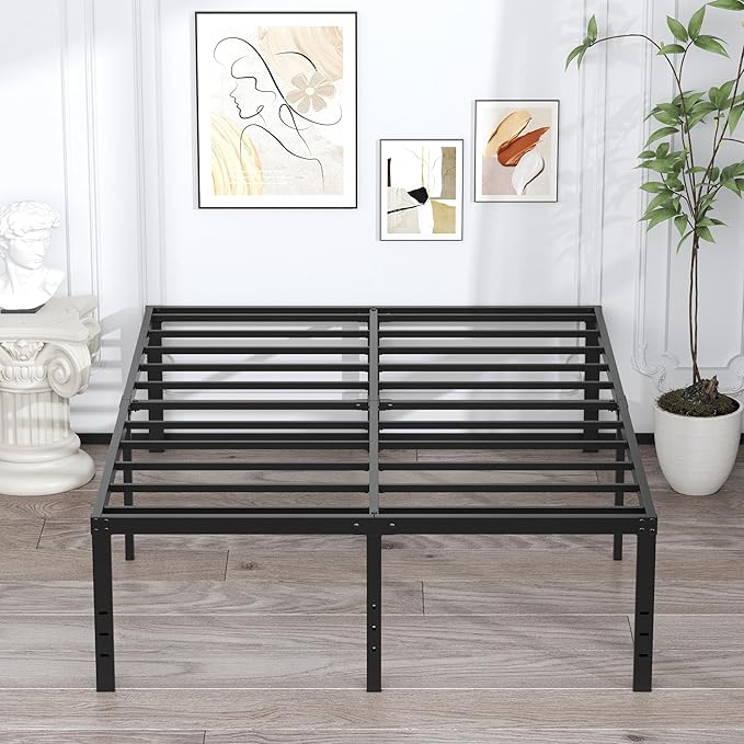 EMODA 20 Inch Queen Bed Frame No Box Spring Needed Heavy Duty Metal Tall Platform Bed Frame Queen Size with Large Storage Space, Easy Assembly, Black