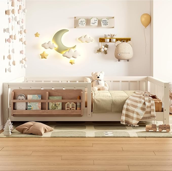 Bellemave Full Size Floor Bed with Slats and Safety Guardrail, Full Size Montessori Floor Bed with Fence and Built-in Bookshelf, Easy Assemble Montessori Beds for Kids, Girls, Boys, Beige