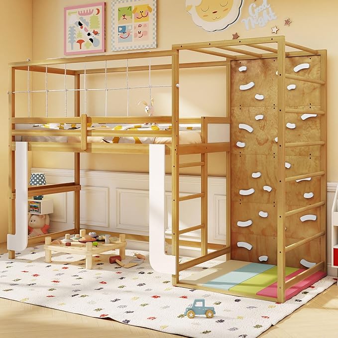 Giantex Twin Bunk Bed with Jungle Gym, 4-in-1 Wooden Loft Bed with Climbing Ladder, Rock Wall & Monkey Bar, Montessori Playhouse Bed with Full Length Guardrail & Wood Slat Support for Kids (Natural)