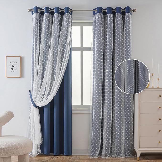 MYSKY HOME Navy Blue Blackout Curtains for Girls Bedroom & Nursery Kids Cute Curtains Double Layer with Polka Dots Sheer, Grommet Tops, 52x95 Inch Each Panel, 2 Panels