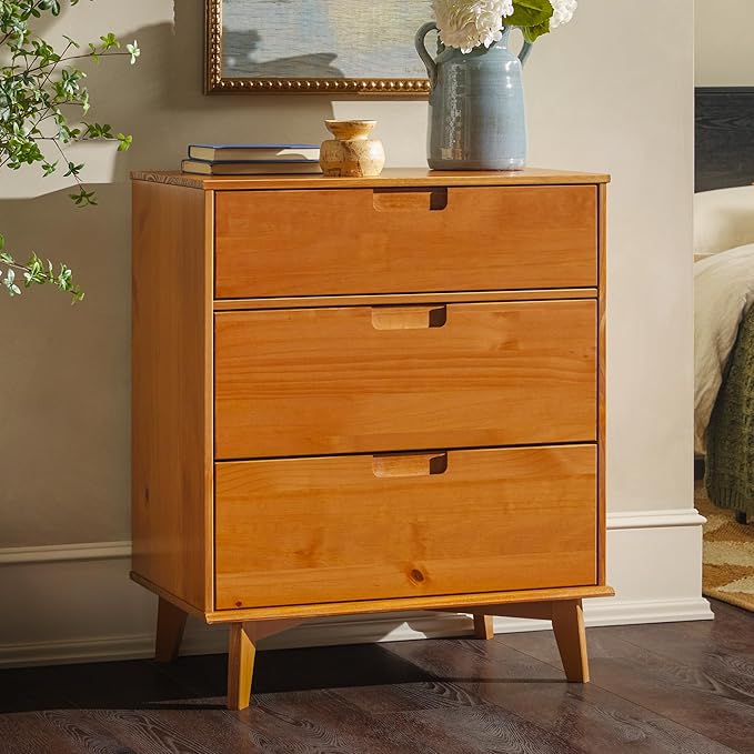 Walker Edison Sloane 3-Drawer Groove Handle Solid Pine Wood Dresser, 36 Inch, Caramel