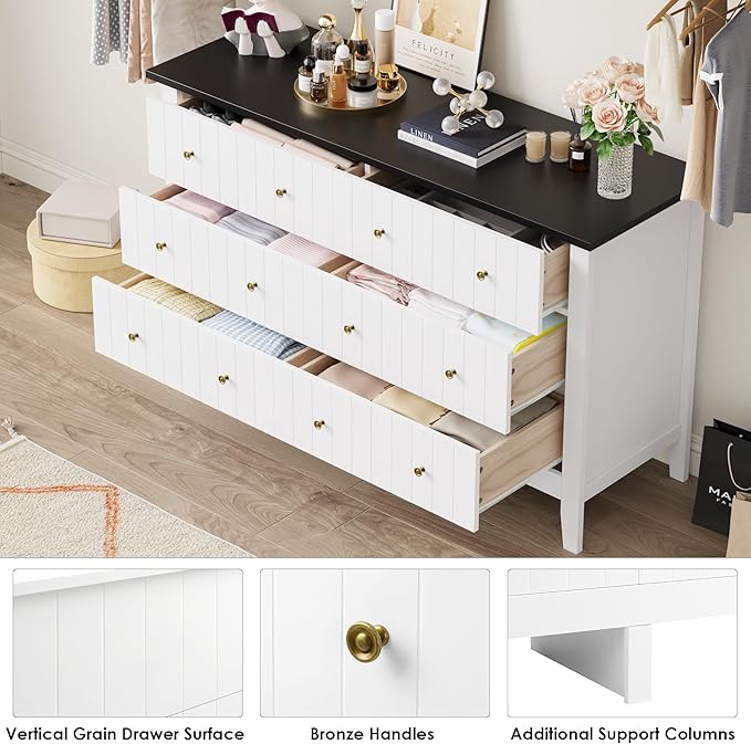 FOTOSOK White Dresser, Chest of Drawers, Modern 6 Drawer Double Dressers with Deep Drawers, Nursery Dresser for Baby, Wide Storage Organizer Cabinet for Living Room, Hallway, White&Black