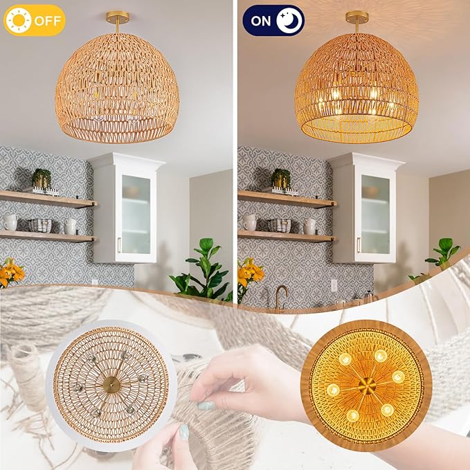 Rattan Ceiling Light Fixture, 6-Light Boho Semi Flush Mount Ceiling Light,23.62" Wicker Light Fixture with Handmade Woven Cage Lampshade,Rattan Chandelier for Bedroom Hallway Nursery Kitchen Farmhouse