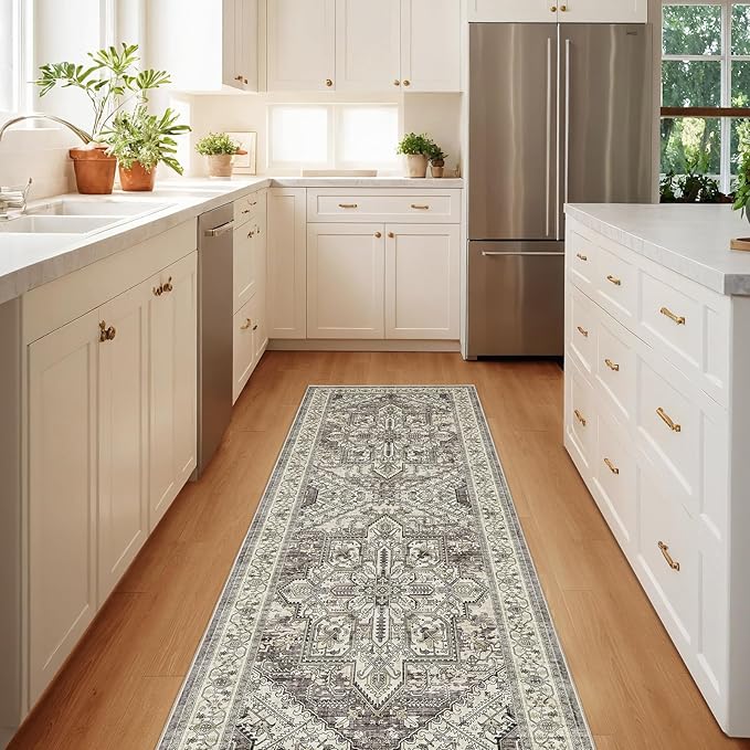 WITSHOCK Boho Area Rugs Machine Washable for Living Room Bedroom, 2x6 Vintage Non-Slip Stain Resistant Floor Carpet Indoor for Bedroom Kitchen Entryway Bathroom, Brown Lvory