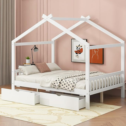 Harper & Bright Designs Full Size House Bed Frame for Kids, Wood Playhouse Platform Bed Frame with Two Drawers and Fence, Roof Design, White