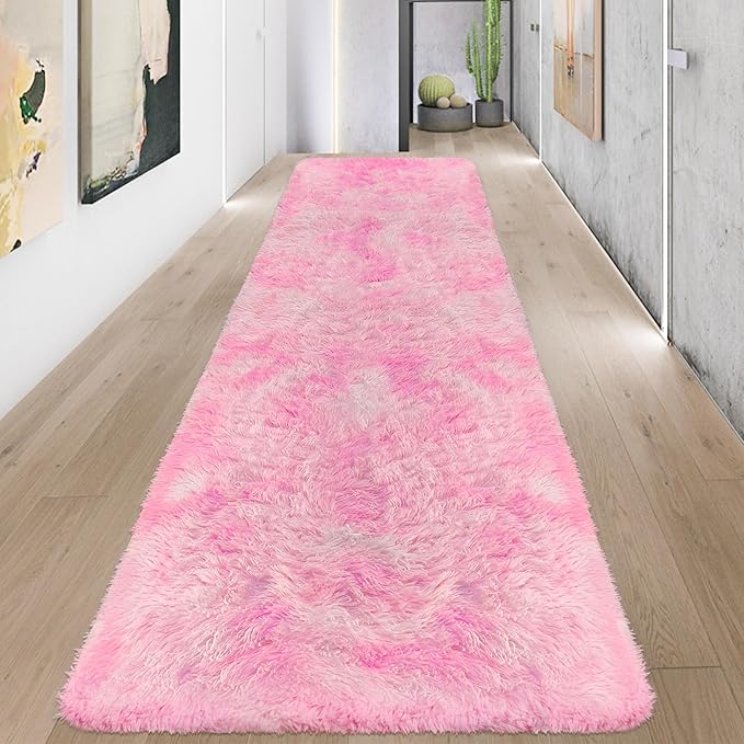 Fluffy Pink Shag Rug for Bedroom Girls 3x10 Runner Rug, Soft Pink Fuzzy Rug for Girls Room Bedside Living Room Hallway Plush Long Carpet Runner for Kids Room Nursery