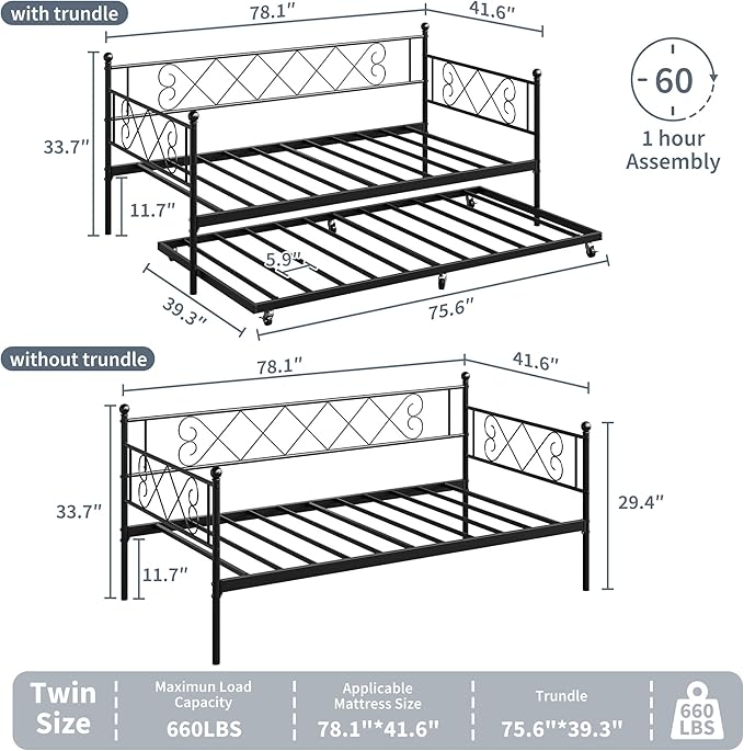 Daybed with Trundle, Trundle Bed Twin with Heart-Shaped Headboard, Sturdy Metal Day Bed with Steel Slat Support, Twin Daybed for Living Room, Bedroom and Guest Room, Easy Assembly, Black