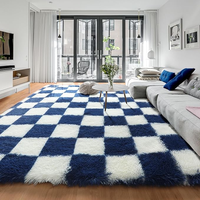 KICMOR Large Area Rug for Living Room 6x9, Big Fluffy Shag Fuzzy Navy Blue and Cream White Checkered Rugs Soft Plush Carpet for Bedroom, Cute Shaggy Rug for Kids Boys Girls Room Nursery Home Decor