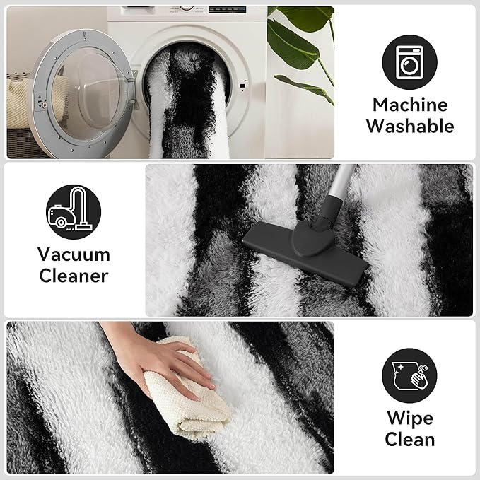 Meralax Area Rugs for Living Room Bedroom, Machine Washable 5x8 Feet Soft Fluffy Shaggy Rug, Black and White Stripe Indoor Floor Carpet for Boys, Dorms, Nursery Rooms, Home Decor Aesthetic