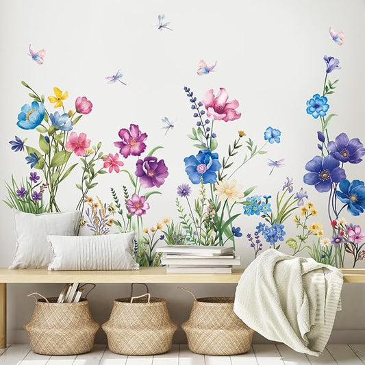 SHUCHING Colorful Wildflower Wall Sticker Peel and Stick, Vinyl Floral Wall Decal, Grass Wall Decor Art for Girl Bedroom Living Room Office