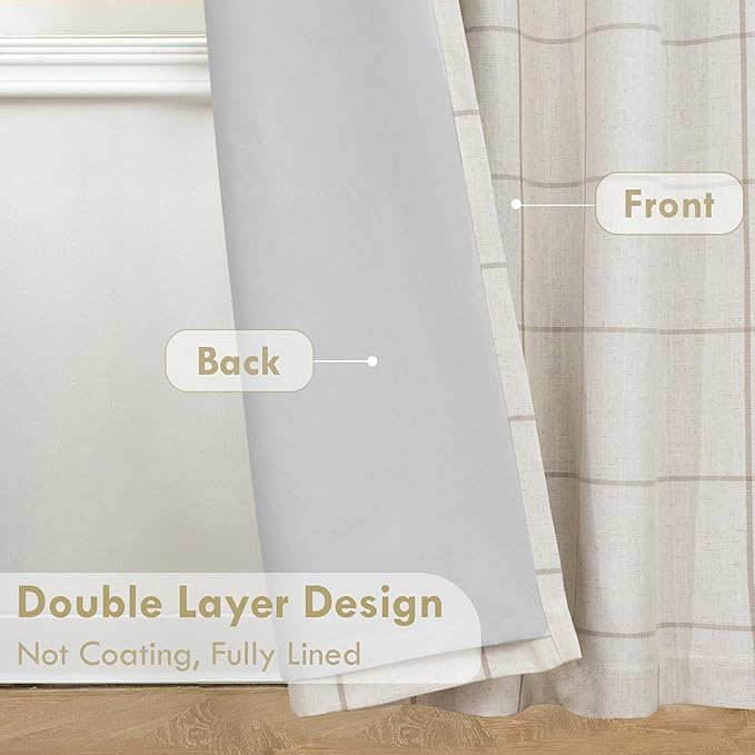 DriftAway 2 Panels 100% Blackout Windowpane Plaid Linen Curtains Double Layer Drapes for Bedroom 96 Inches Long Farmhouse Thermal Insulated 3.25 Inch Rod Pocket Back Tab for Living Room Taupe