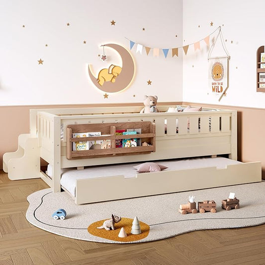 Bellemave Twin Bed with Trundle Twin and Stairs, Twin Size Platform Bed Frame with Fence and Bookshelf, Easy Assemble Beds for Kids, Girls, Boys, Beige