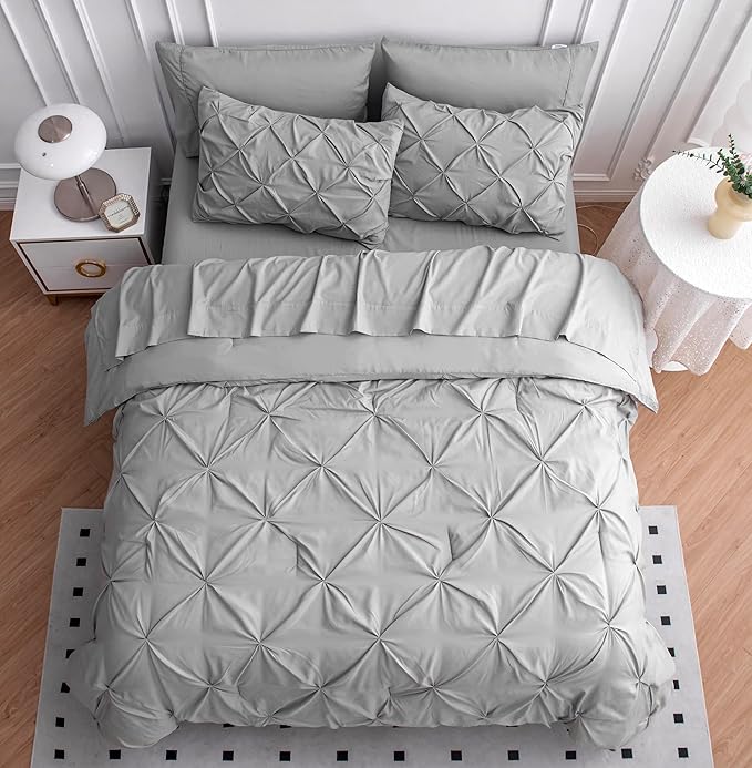 Lane Linen Full Size Comforter Set - 7 Piece Bed in a Bag, Soft Pintuck Bedding With Sheets, Pillowcases & Shams - Silver