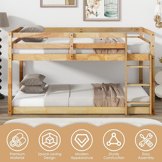Bunk Bed Twin Over Twin, Wood Low Profile Floor Twin Bunk Beds with Ladder Guardrails for Kids Boys and Girls, No Box Spring Needed