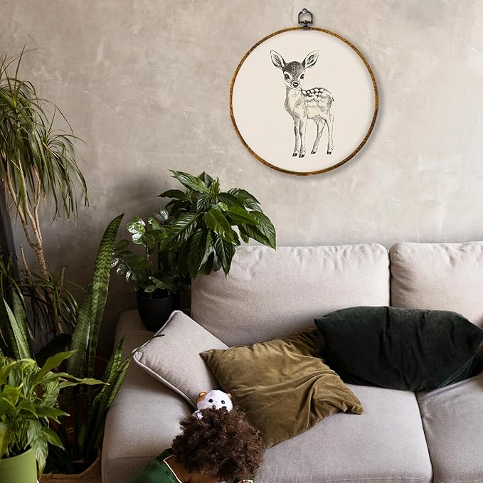 Hiuwevt Vintage Deer Round Wall Art Decor, Cottagecore Deer Framed Canvas Prints, Retro Rustic Wild Animal Farmhouse Round Wall Hanging Decor for Home Nursery Kids Bedroom Decorations, 10x10 Inches