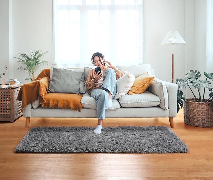 ONASAR 2x6 Grey Runner Rugs for Bedroom Living Room, Washable Fluffy Bedside Hallway Throw Area Rug, Gray Ultra Soft Plush Furry Floor Carpet Mat for Nursery Kids Dorm Closet Home Decor Aesthetic