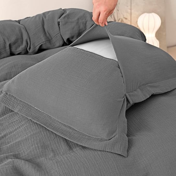 MorroMorn Muslin Duvet Cover Twin Size, 100% Breathable Cotton 2-Layer Gauze Comforter Cover Set 3 Pieces with 2 Pillowcases Zipper Closure & Corner Ties, Ultra Soft Linen Like, 68"x90", Dark Grey