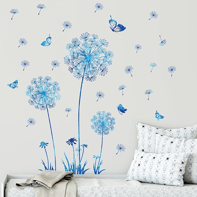 Dandelion Wildflower Wall Decals Art, Calcomanías para Pared Peel and Stick Floral Butterflies Flying Decor for Girls Kids Women Baby Nursery Room Bathroom Sofa Backdrop TV Wall (Light Blue)