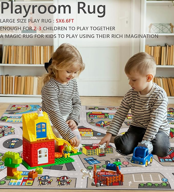 Kids Rug 6'6" x 5'0" City Life Playmat Area Rug Car City Map Washable Traffic Road Educational Learning Nursery Rug Carpet for Children Playroom Living Room Bedroom Classroom Decor Tan
