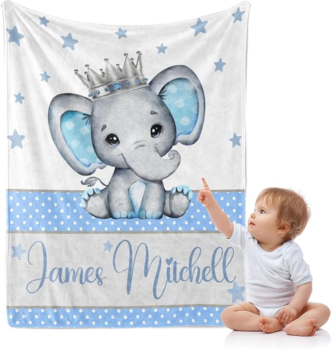 J&SBGFT Personalized Baby Blanket for Boys,Custom with Name, Customized Name Receiving Blankets Toddlers Kids Nursery Stroller Crib Decor Throw 30/''x40/'',Color9, 09-blue Elephant King
