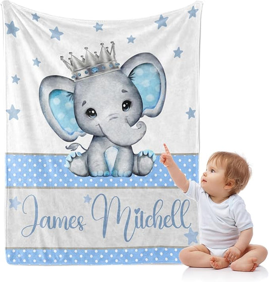 J&SBGFT Personalized Baby Blanket for Boys,Custom with Name, Customized Name Receiving Blankets Toddlers Kids Nursery Stroller Crib Decor Throw 30/''x40/'',Color9, 09-blue Elephant King