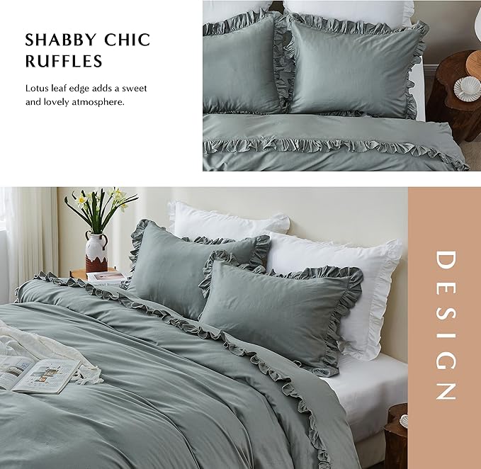 Simple&Opulence Kids 100% Organic Cotton Full Duvet Cover Ruffle 3Pcs(1 Comforter Cover 2 Pillowcases) Cute Lace Vintage Boho Shabby Chic Farmhouse Bedding Set Teen Girls(Gray, Full)